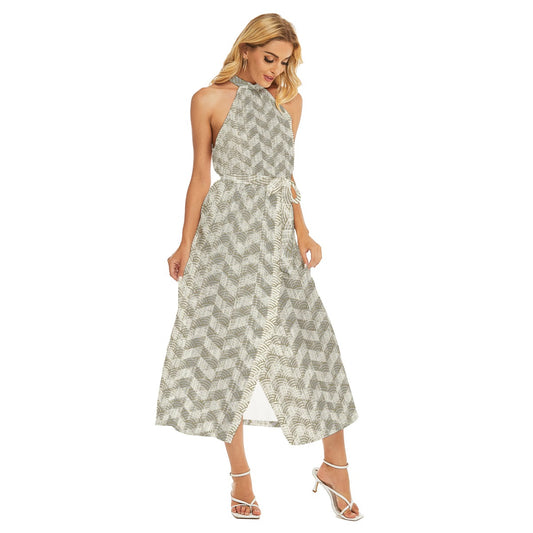 All-Over Print Women's Wrap Hem Belted Halter Dress