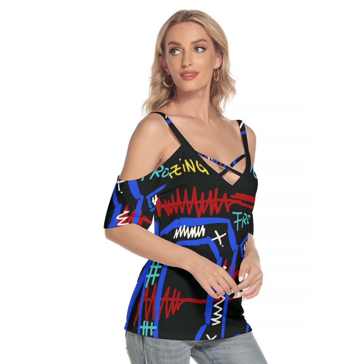 All-Over Print Women's Cold Shoulder T-shirt With Criss Cross Strips