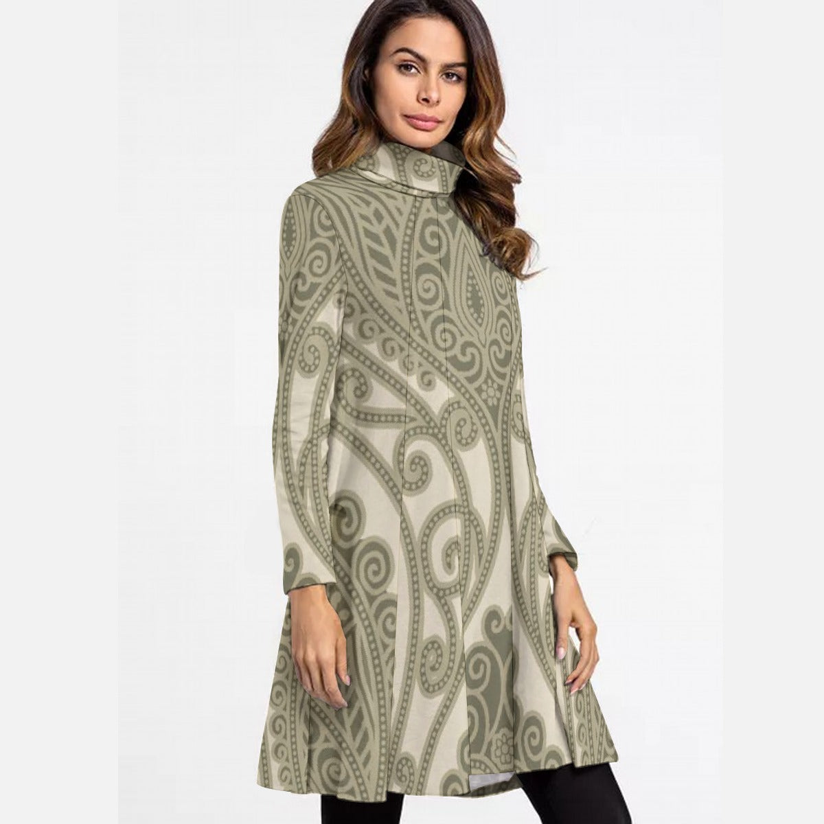 All-Over Print Women's High Neck Dress With Long Sleeve