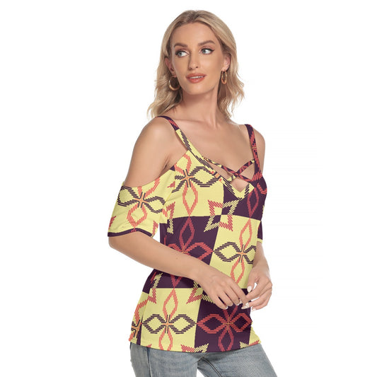 All-Over Print Women's Cold Shoulder T-shirt With Criss Cross Strips