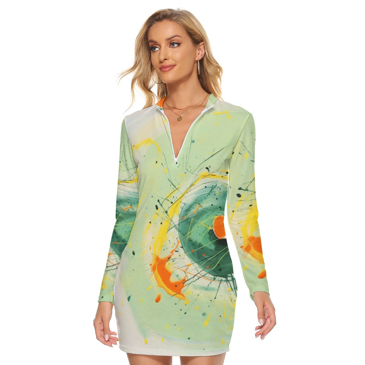 All-Over Print Women's Zip Front Tight Dress