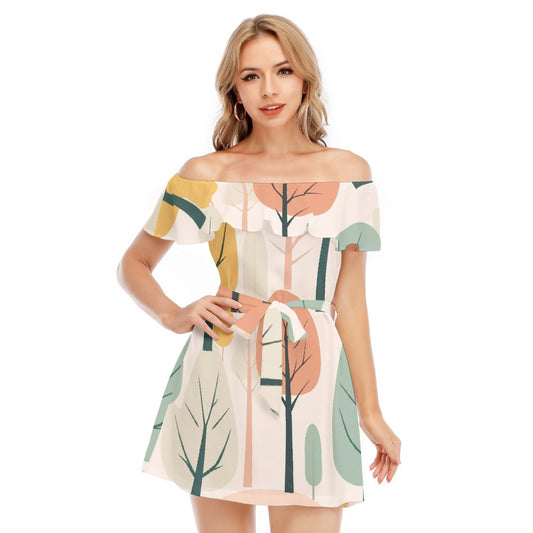 All-Over Print Women's Off-shoulder Dress With Ruffle