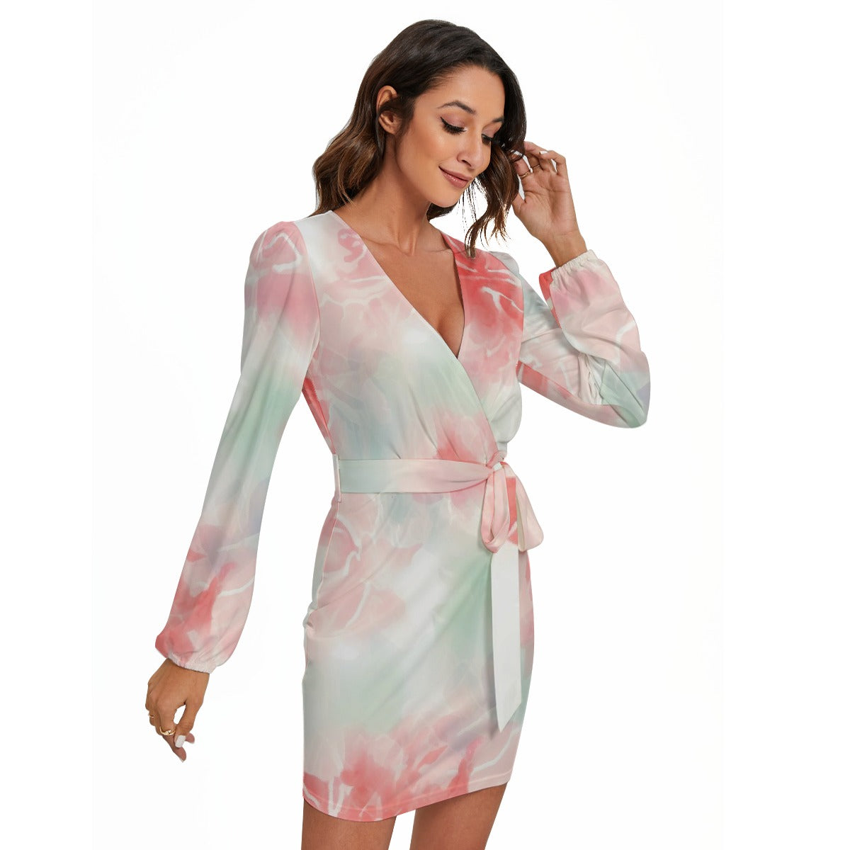 All-Over Print Women's Long Sleeve Dress With Waist Belt