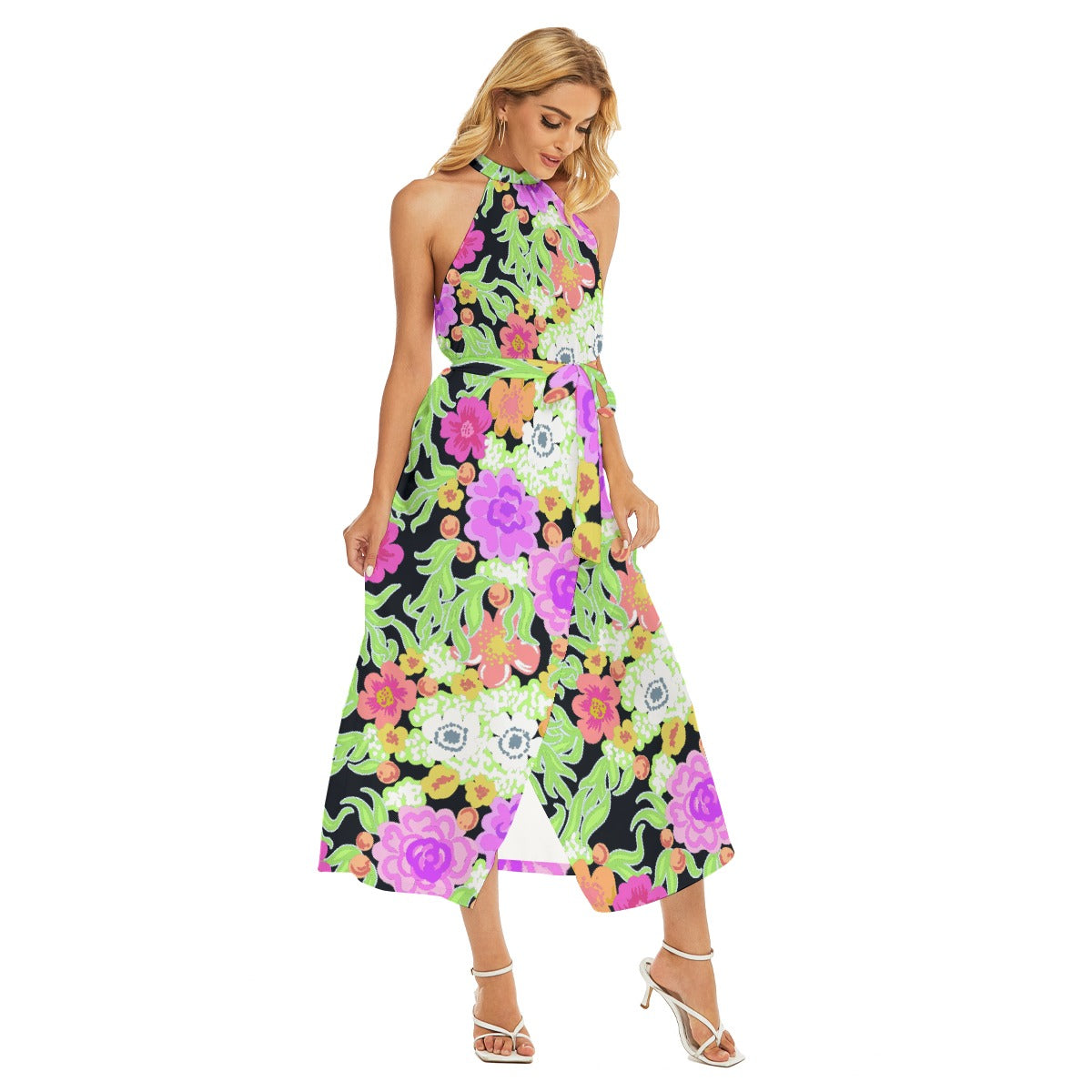 All-Over Print Women's Wrap Hem Belted Halter Dress