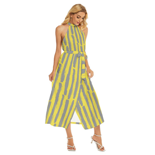 All-Over Print Women's Wrap Hem Belted Halter Dress