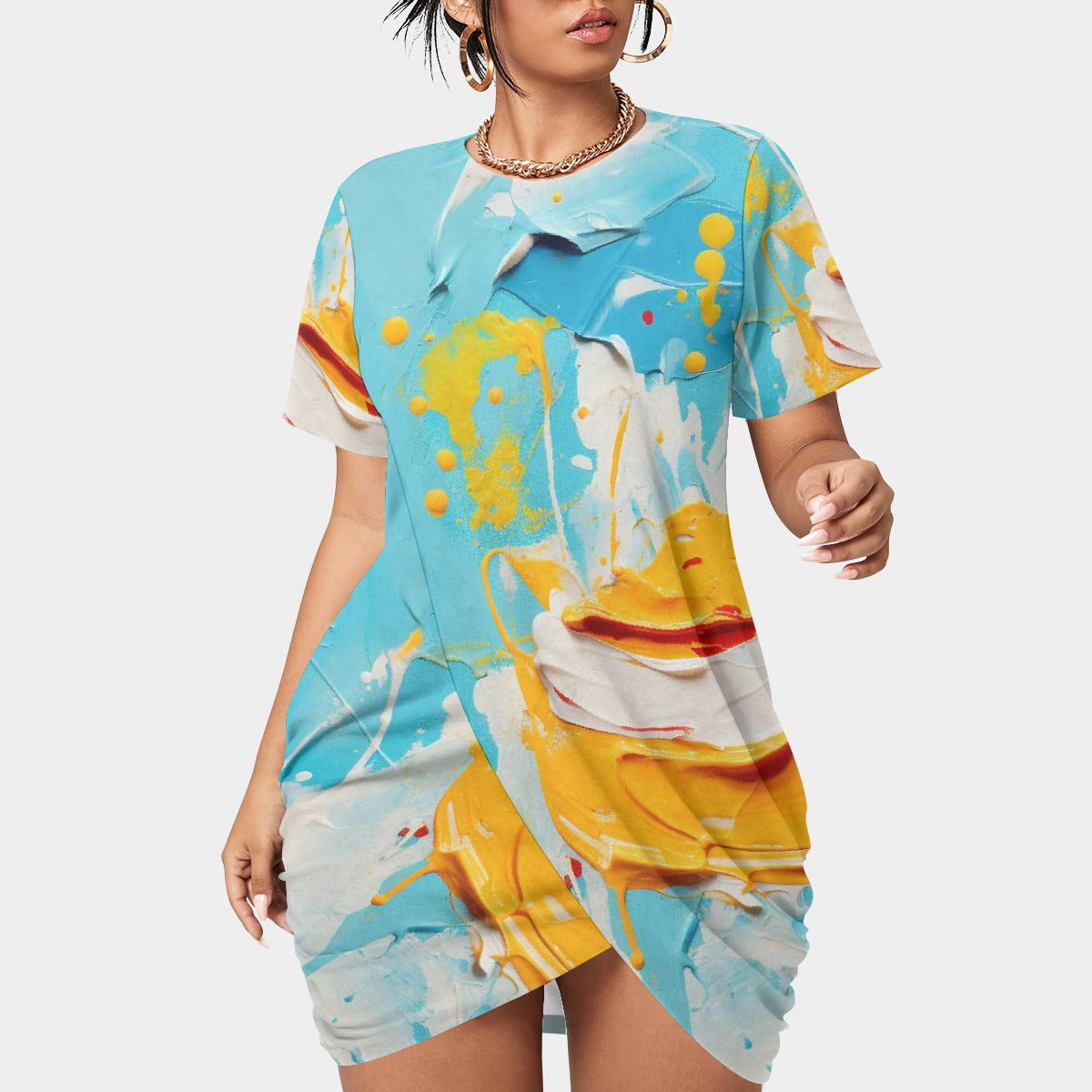 All-Over Print Women’s Stacked Hem Dress With Short Sleeve（Plus Size）