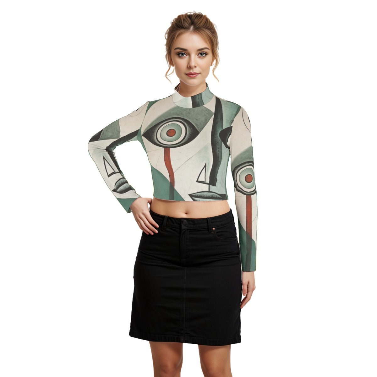 Eco-Friendly All-Over Print Women's Turtleneck T-shirt With Long Sleeve