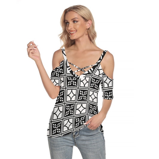 All-Over Print Women's Cold Shoulder T-shirt With Criss Cross Strips