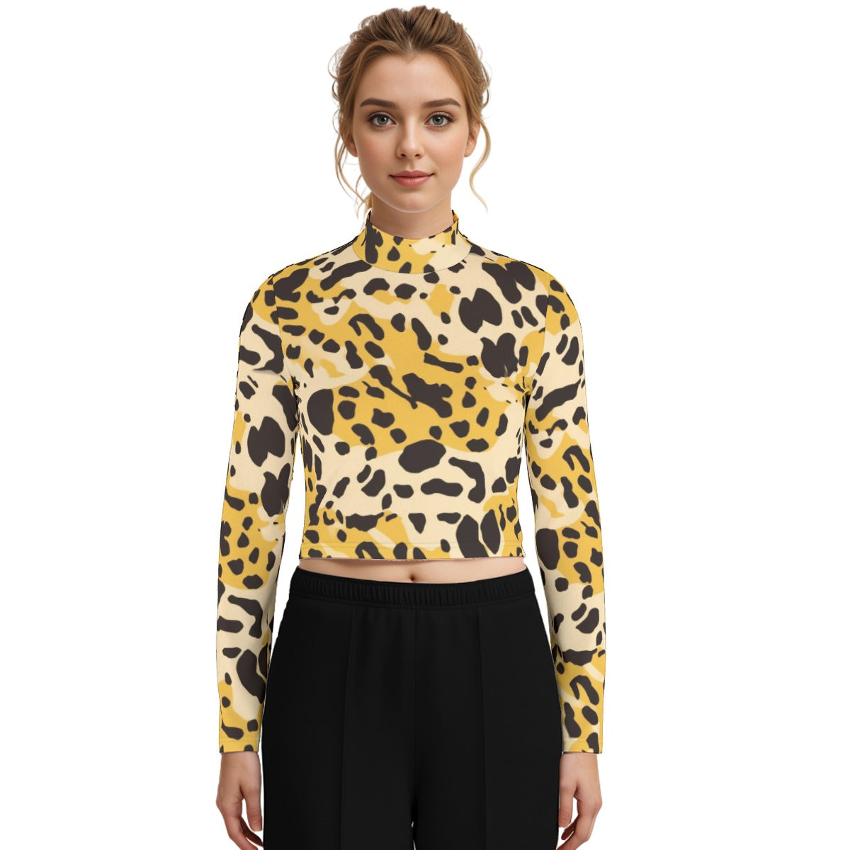 Eco-Friendly All-Over Print Women's Turtleneck T-shirt With Long Sleeve