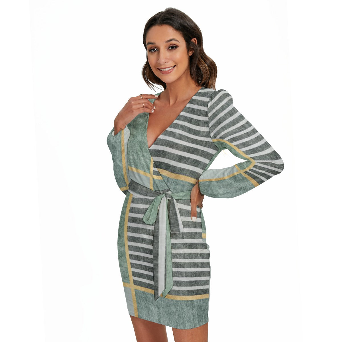 All-Over Print Women's Long Sleeve Dress With Waist Belt