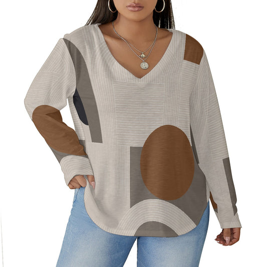 All-Over Print Women's V-neck T-shirt With Curved Hem(Plus Size)