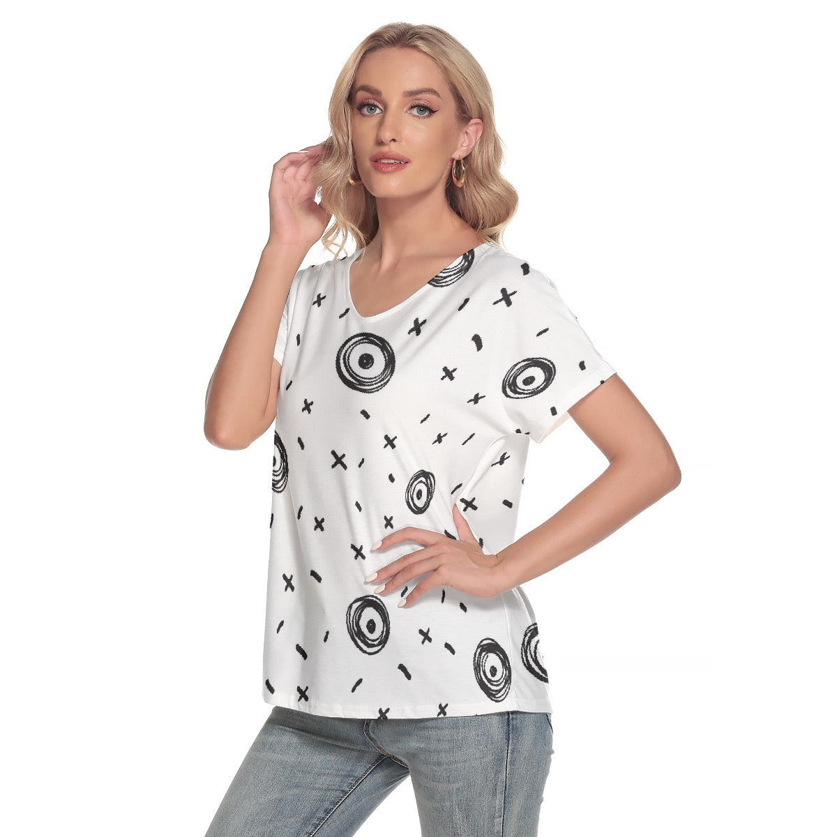 All-Over Print Women's Loose V-neck Short Sleeve T-shirt