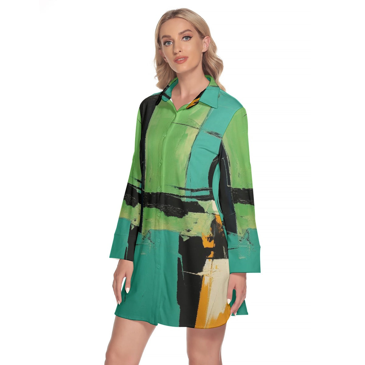 All-Over Print Women's Lapel Shirt Dress With Long Sleeve