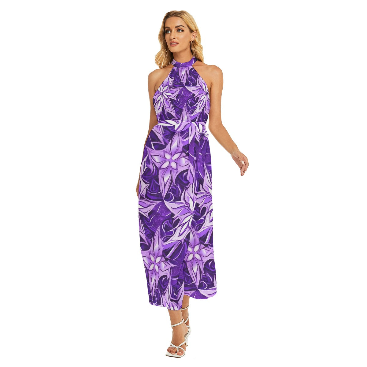 All-Over Print Women's Wrap Hem Belted Halter Dress