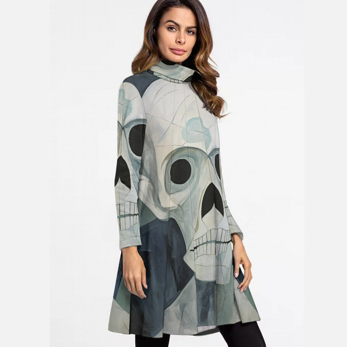 All-Over Print Women's High Neck Dress With Long Sleeve