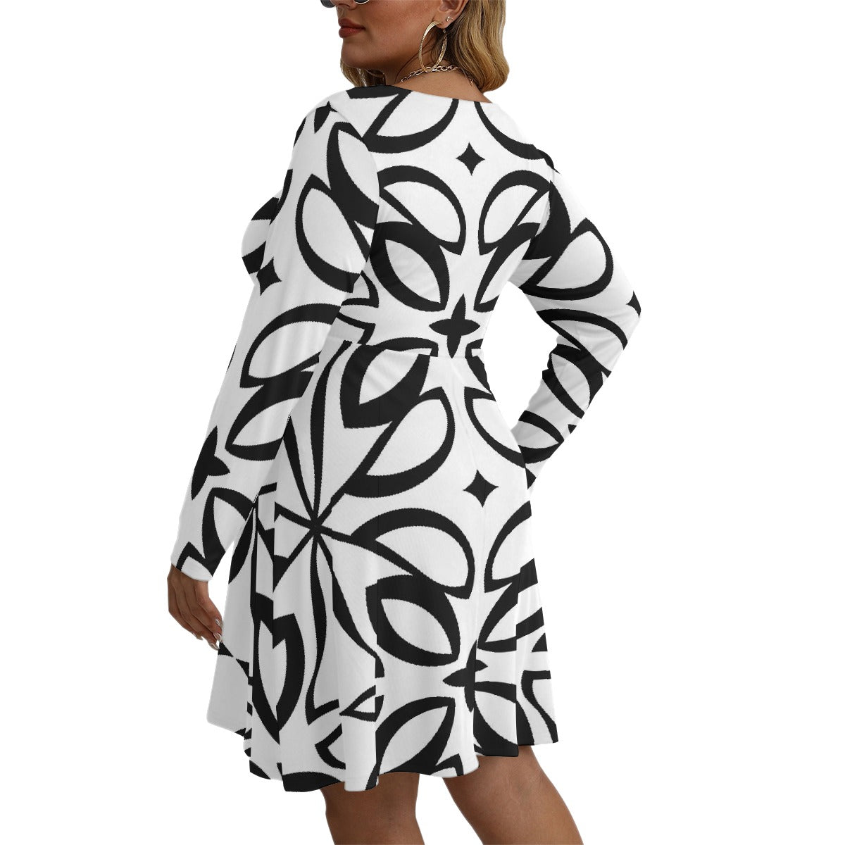 All-Over Print Women's V-neck Long Sleeve Dress(Plus Size)