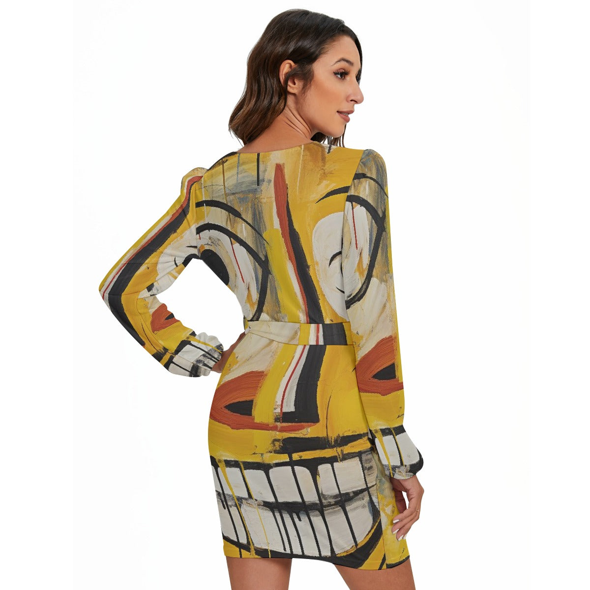 All-Over Print Women's Long Sleeve Dress With Waist Belt