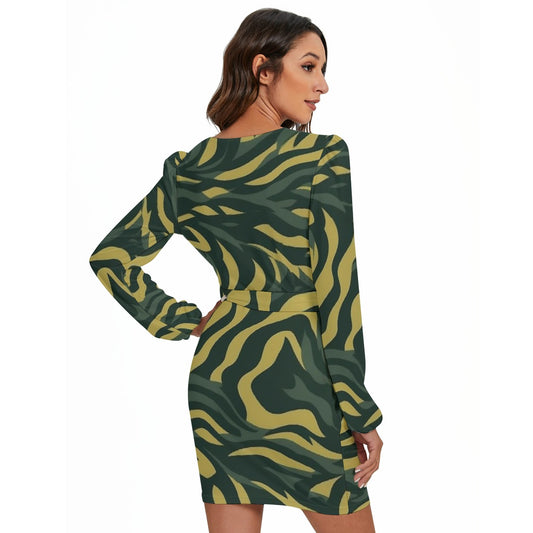 All-Over Print Women's Long Sleeve Dress With Waist Belt