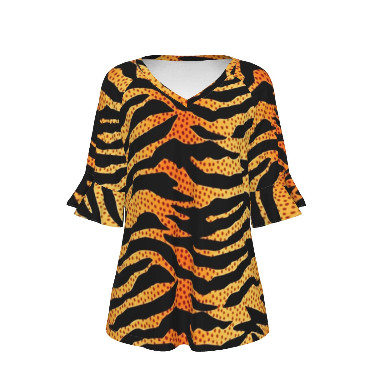 All-Over Print V-neck Women's T-shirt With Bell Sleeve