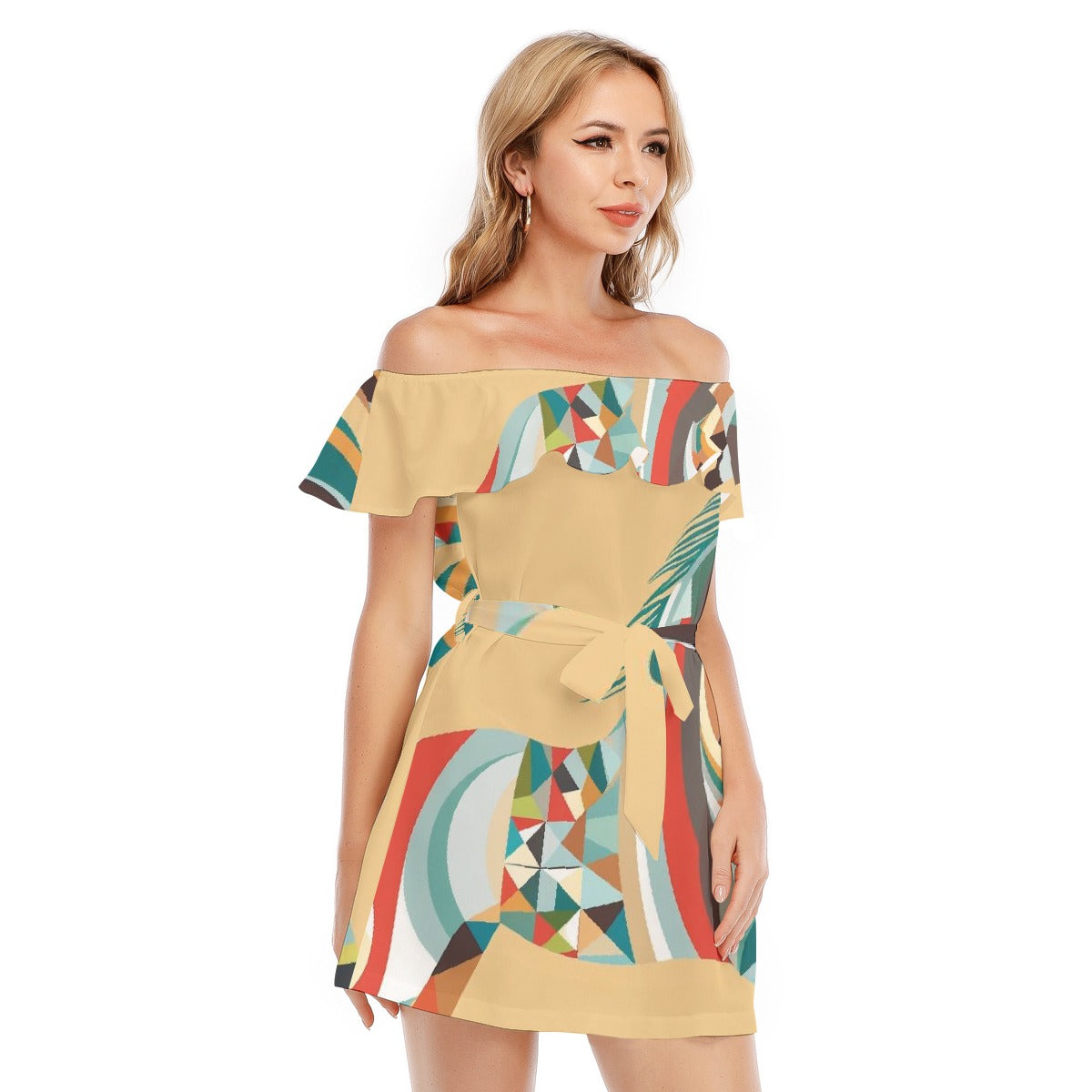 All-Over Print Women's Off-shoulder Dress With Ruffle