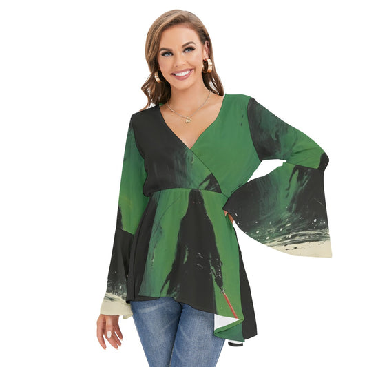 All-Over Print Women's V-neck Blouse With Flared Sleeves