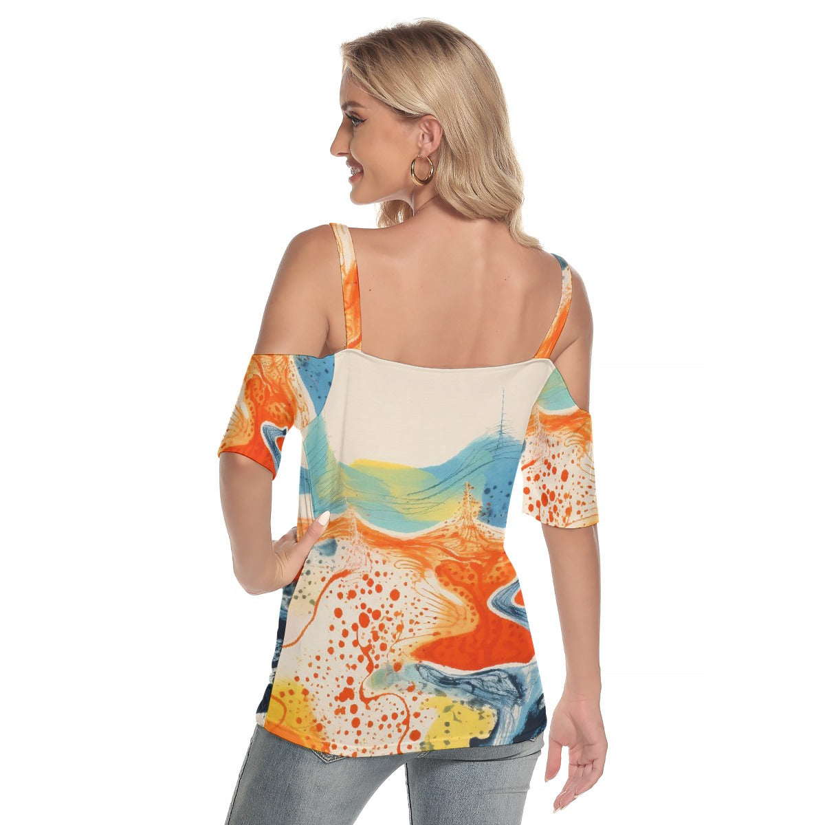 All-Over Print Women's Cold Shoulder T-shirt With Criss Cross Strips