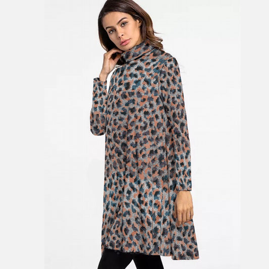 All-Over Print Women's High Neck Dress With Long Sleeve