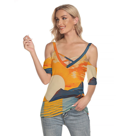 All-Over Print Women's Cold Shoulder T-shirt With Criss Cross Strips