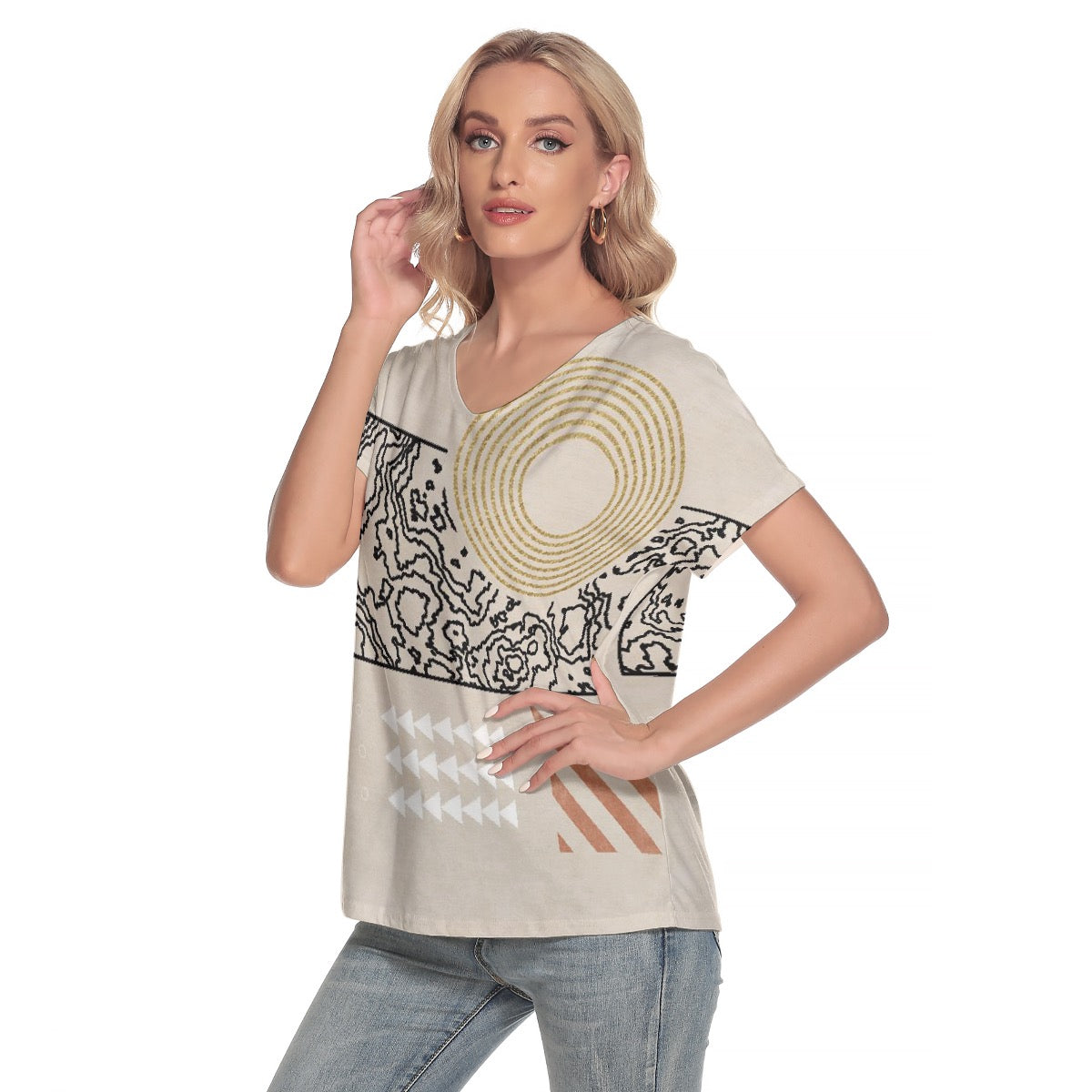 All-Over Print Women's Loose V-neck Short Sleeve T-shirt