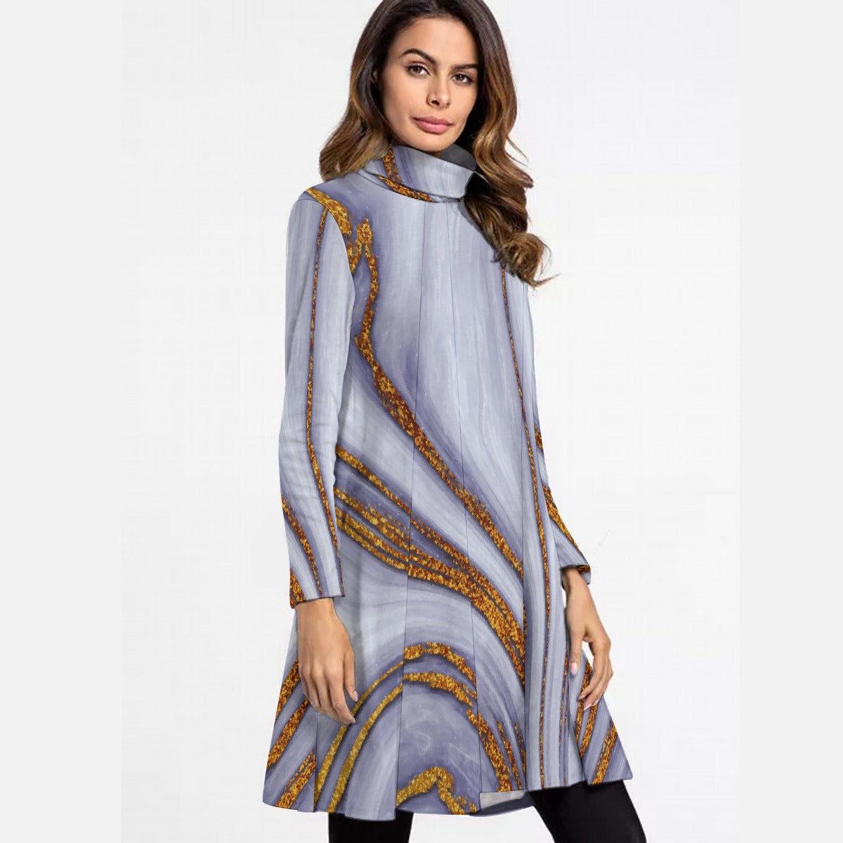 All-Over Print Women's High Neck Dress With Long Sleeve