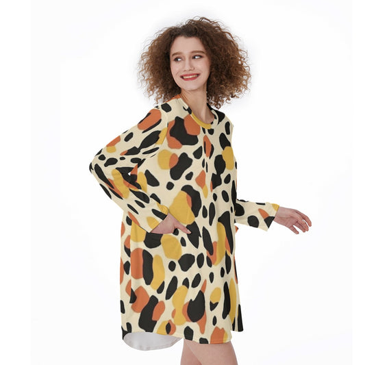 All-Over Print Women's Casual Loose Long Sleeve Dress With Pocket