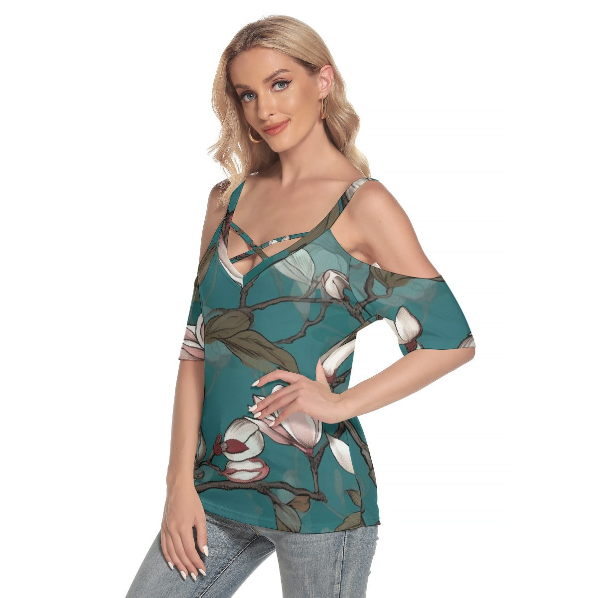 All-Over Print Women's Cold Shoulder T-shirt With Criss Cross Strips