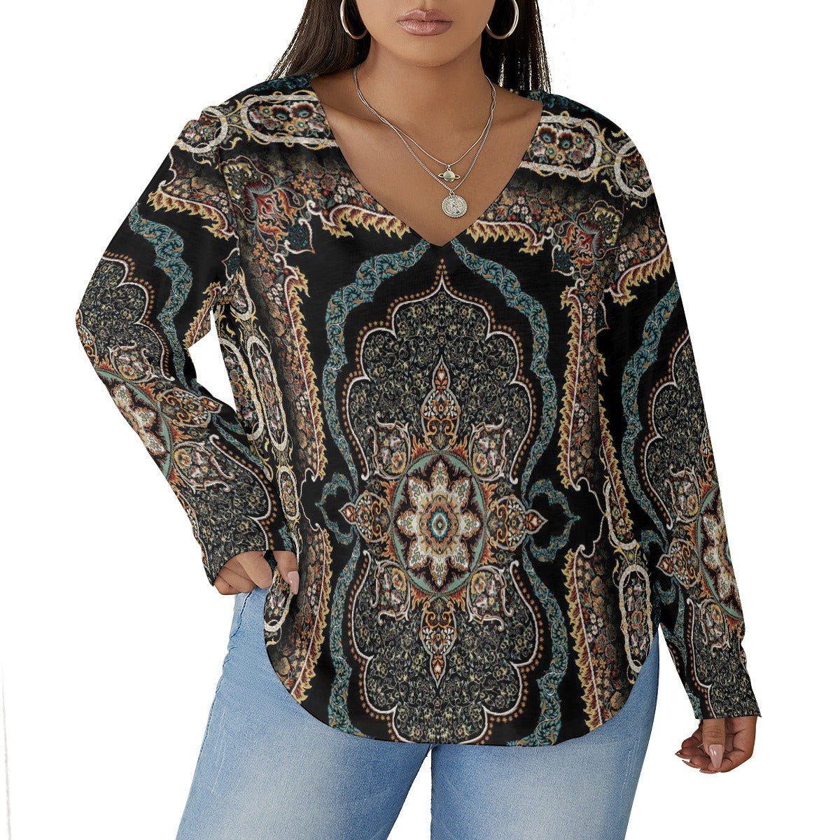 All-Over Print Women's V-neck T-shirt With Curved Hem(Plus Size)