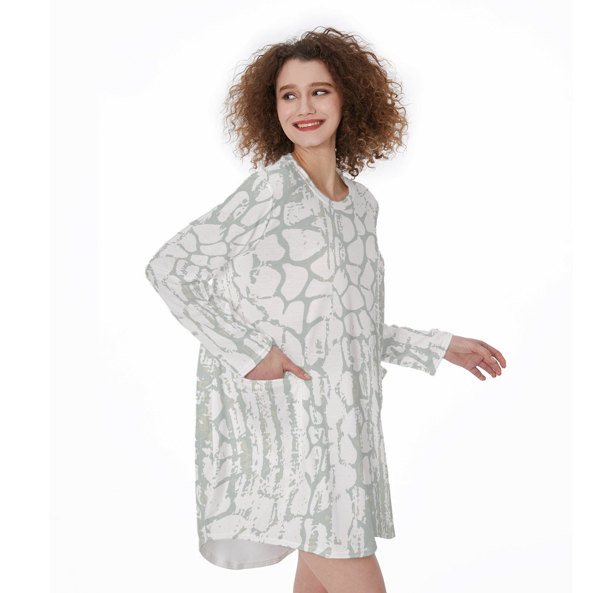 All-Over Print Women's Casual Loose Long Sleeve Dress With Pocket