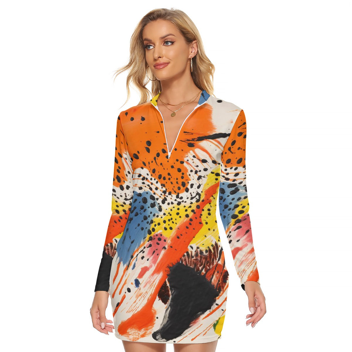 All-Over Print Women's Zip Front Tight Dress