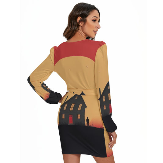 All-Over Print Women's Long Sleeve Dress With Waist Belt