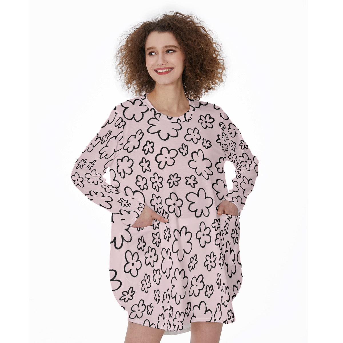 All-Over Print Women's Casual Loose Long Sleeve Dress With Pocket