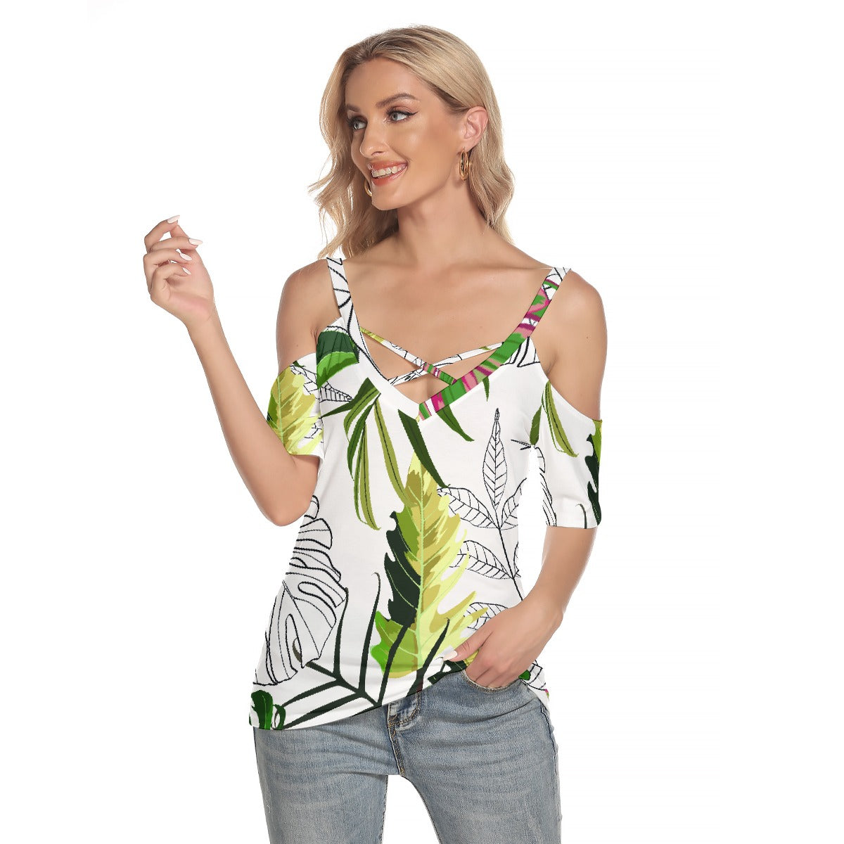 All-Over Print Women's Cold Shoulder T-shirt With Criss Cross Strips