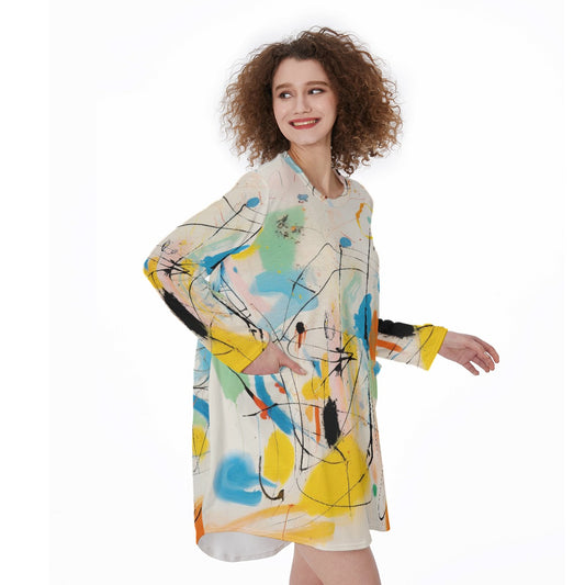 All-Over Print Women's Casual Loose Long Sleeve Dress With Pocket