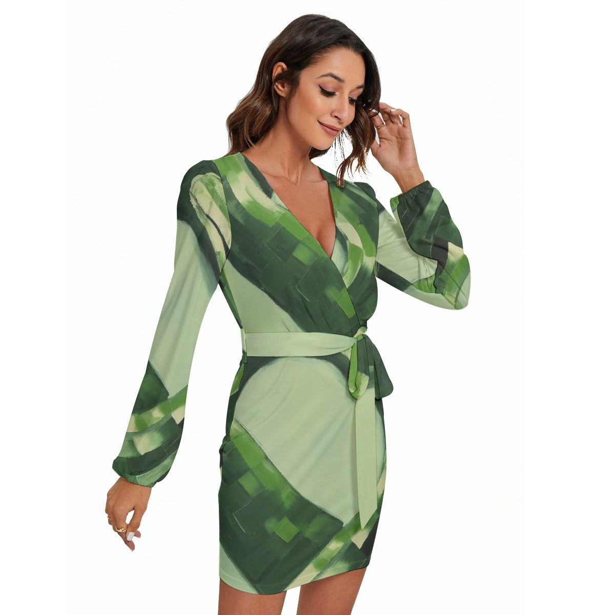 All-Over Print Women's Long Sleeve Dress With Waist Belt