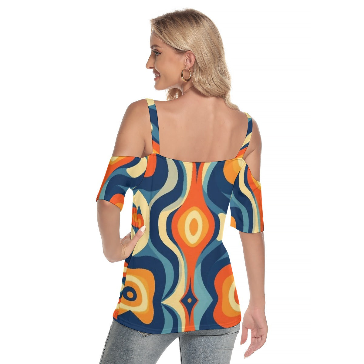 All-Over Print Women's Cold Shoulder T-shirt With Criss Cross Strips