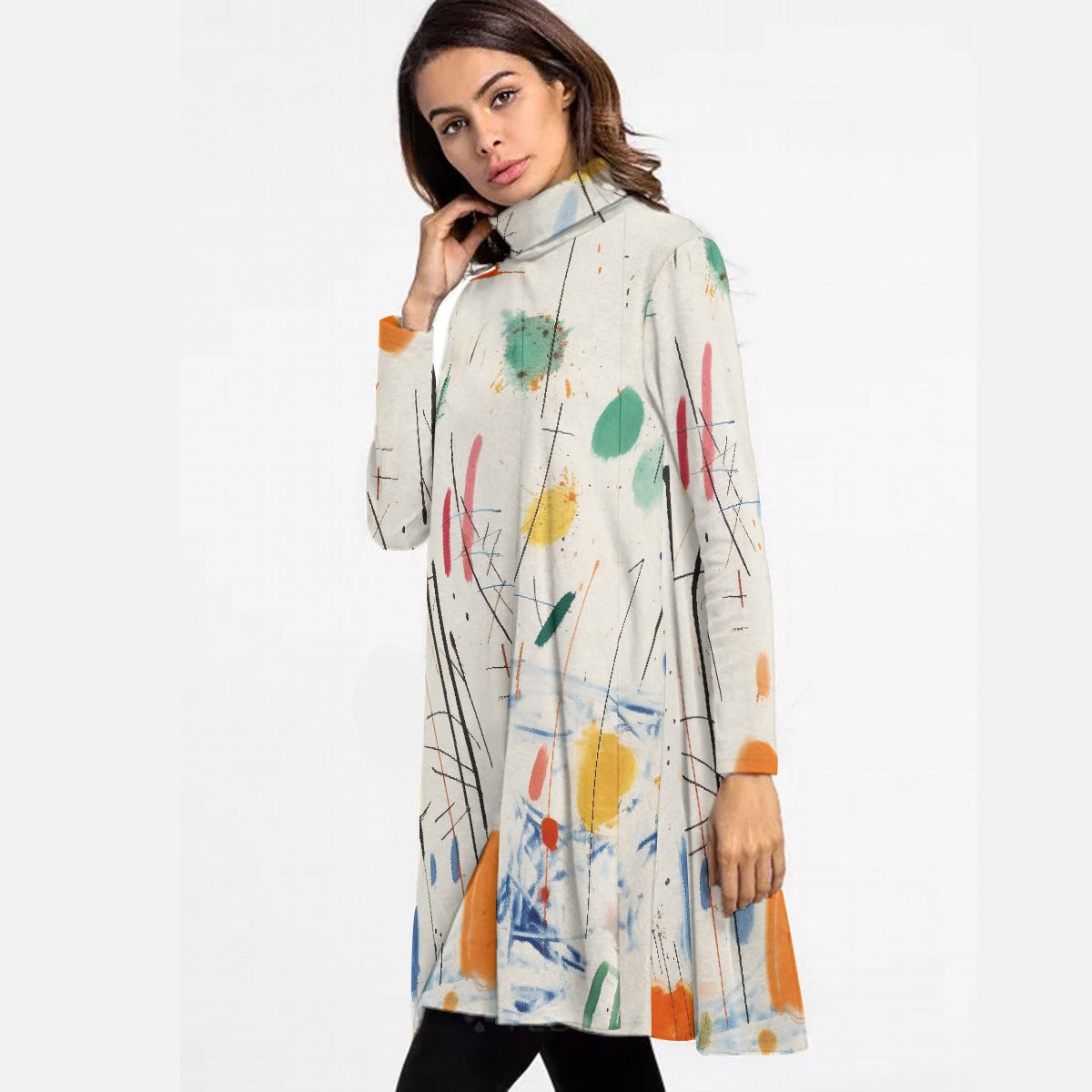 All-Over Print Women's High Neck Dress With Long Sleeve