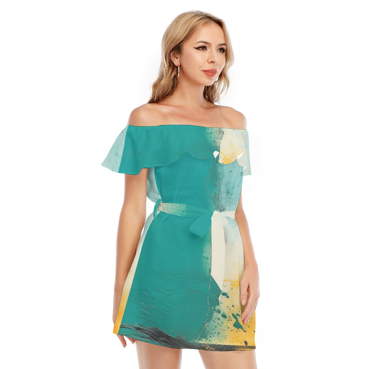 All-Over Print Women's Off-shoulder Dress With Ruffle