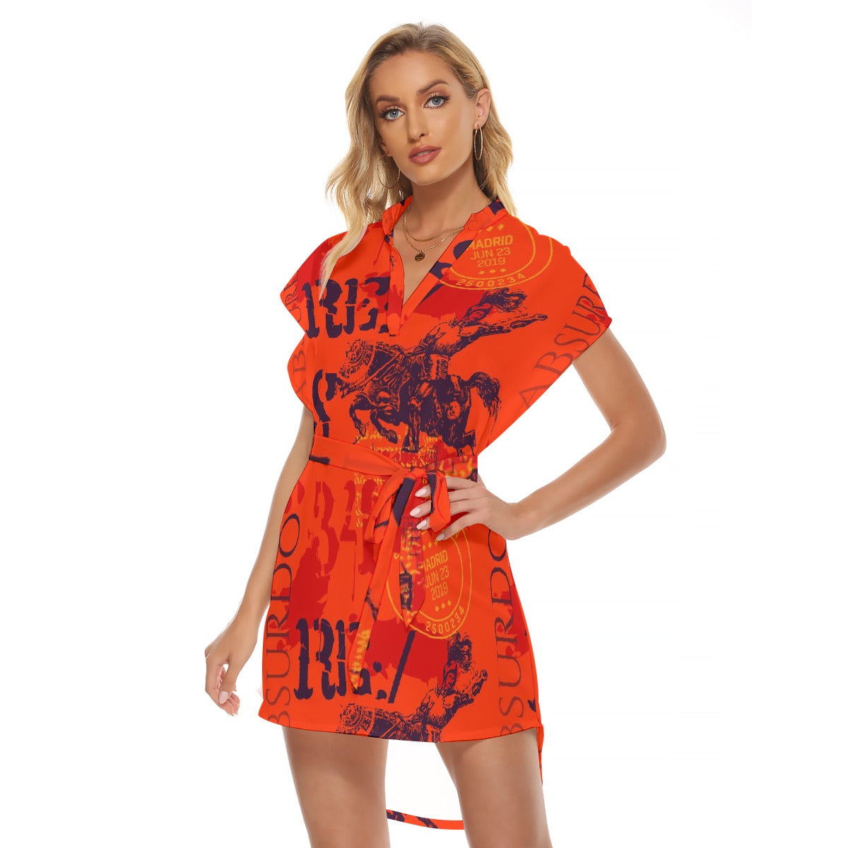 All-Over Print Women's Stand-up Collar Casual Dress With Belt