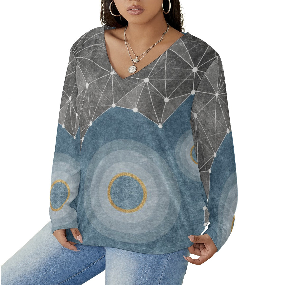 All-Over Print Women's V-neck T-shirt With Curved Hem(Plus Size)