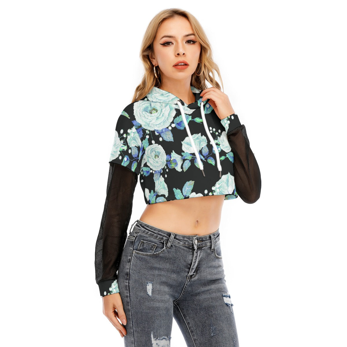 All-Over Print Women's Fake Two-piece Mesh Sleeve Cropped Hoodie