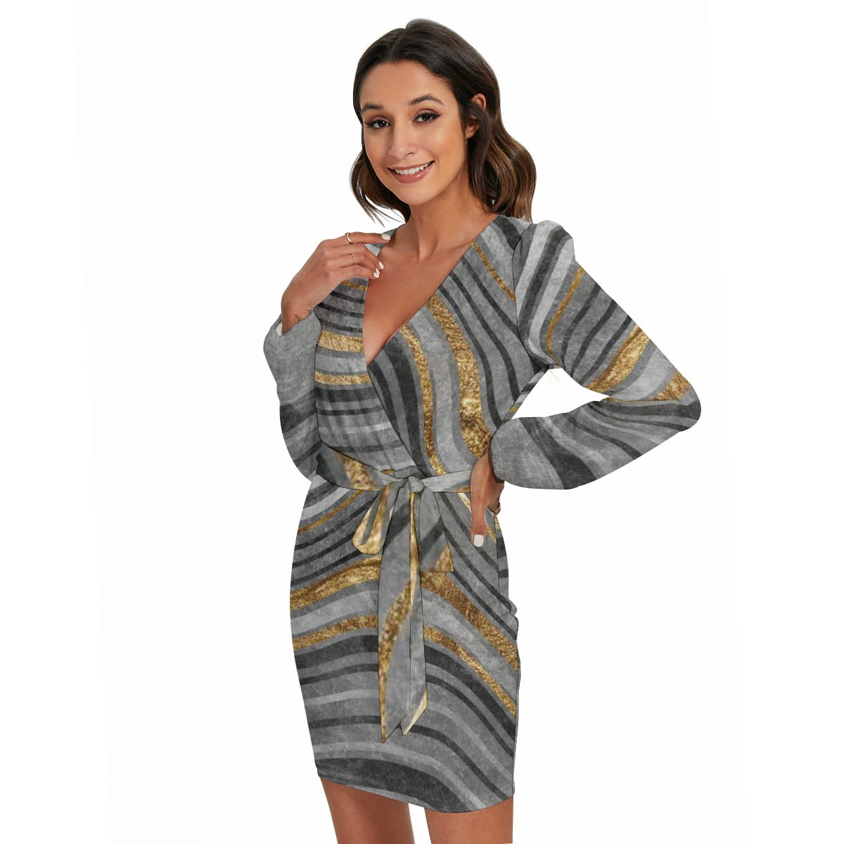 All-Over Print Women's Long Sleeve Dress With Waist Belt