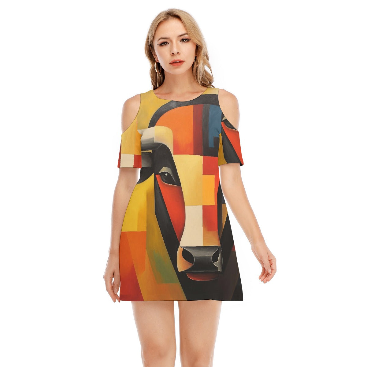 All-Over Print Women's Cold Shoulder Dress | 190GSM Cotton