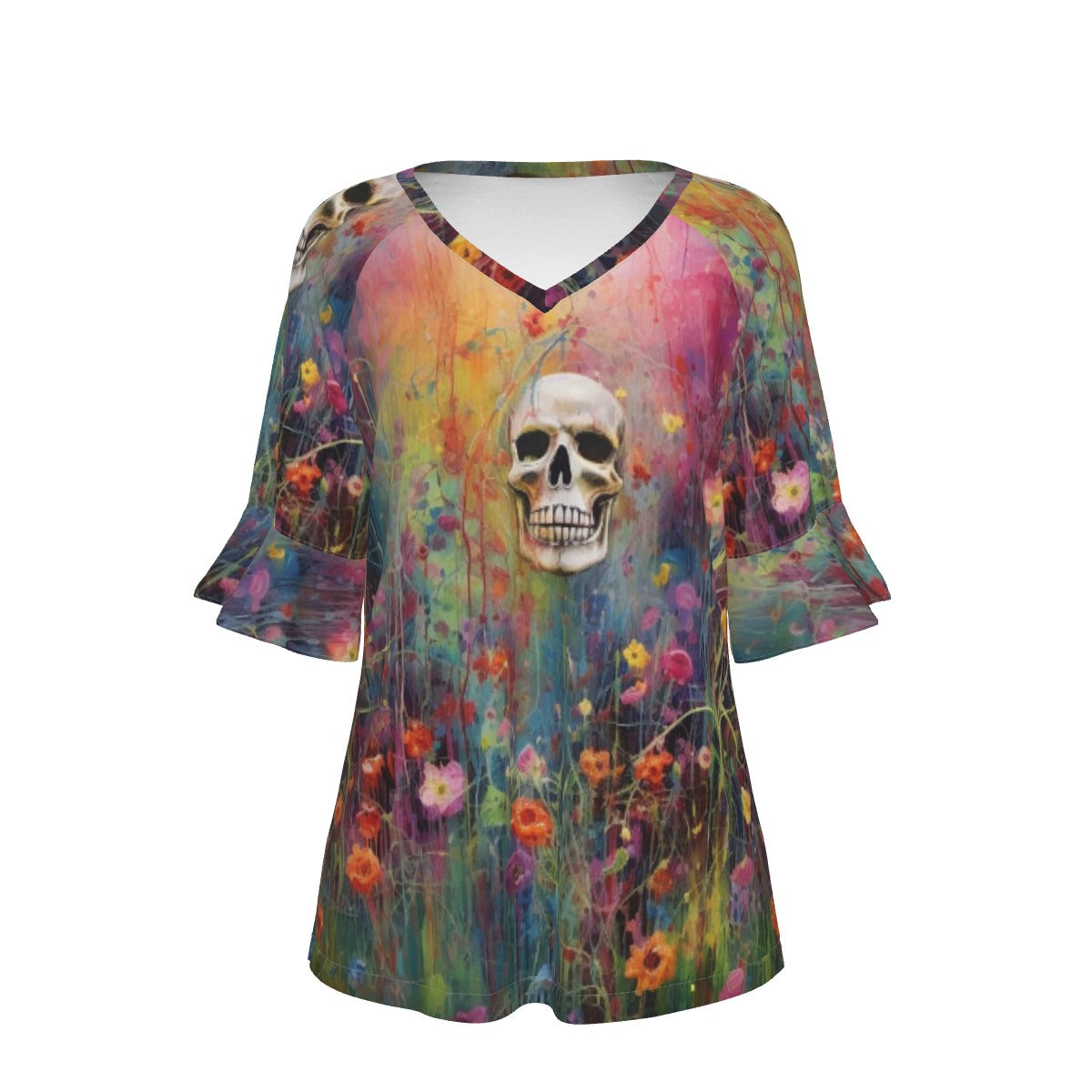 All-Over Print V-neck Women's T-shirt With Bell Sleeve