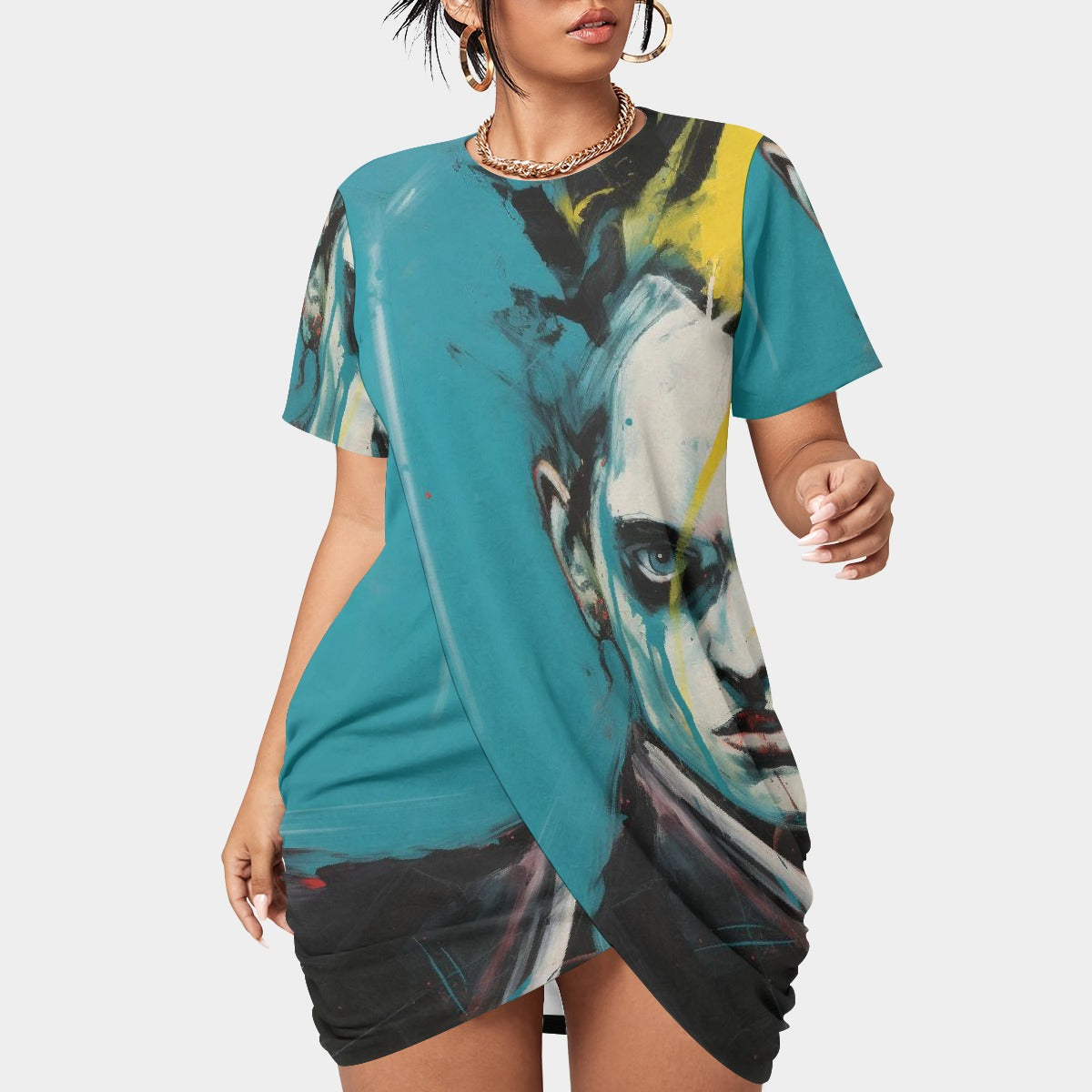 All-Over Print Women’s Stacked Hem Dress With Short Sleeve（Plus Size）